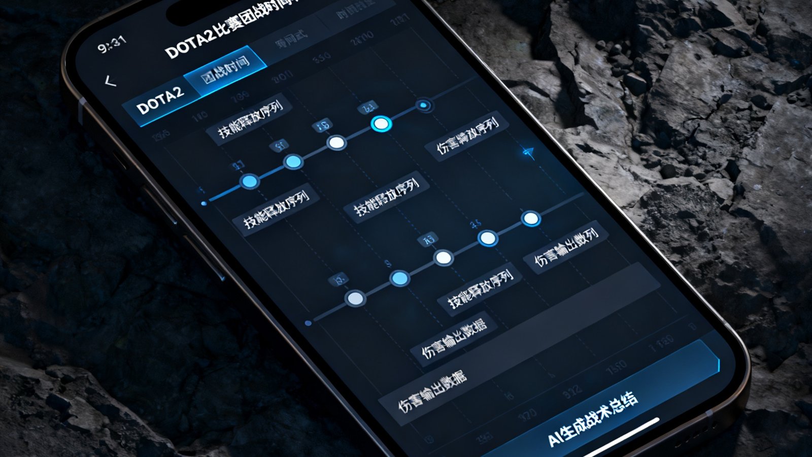 蜂鸟电竞App 3.0版本的手机界面截图，展示新上线的AI战术复盘功能，屏幕中显示一场DOTA2比赛的团战时间轴，每个关键节点标注了技能释放序列和伤害输出数据，下方有AI生成的战术总结文字。