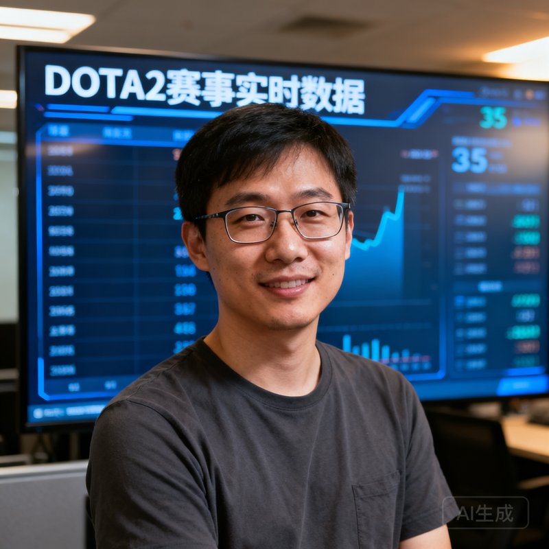 蜂鸟电竞联合创始人张明远的半身肖像照，他身穿深色T恤站在办公室的数据大屏前，背景显示着DOTA2赛事实时数据，表情专注而自信，35岁左右，短发戴眼镜。