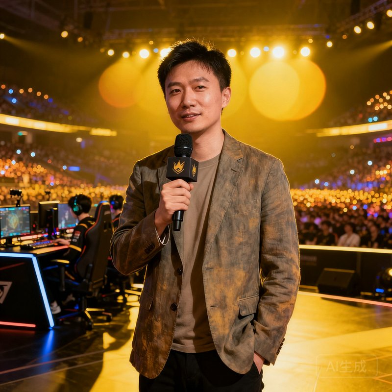 蜂鸟电竞联合创始人陈骁的肖像照，他手持麦克风在一场电竞比赛现场进行采访，背景是舞台上的选手对战区和观众席的灯光海洋，35岁左右，穿着休闲西装。